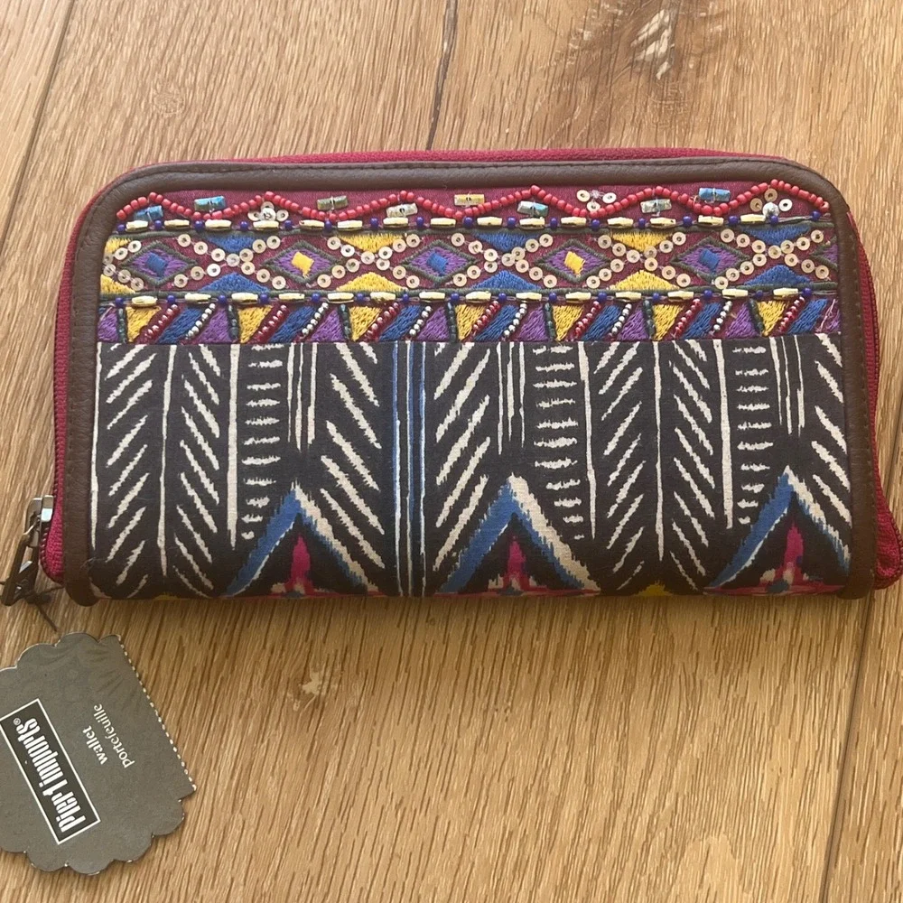 Pier 1 Imports Beaded Embroidered Zip Around Wallet Boho Ikat Geometric Pink NWT